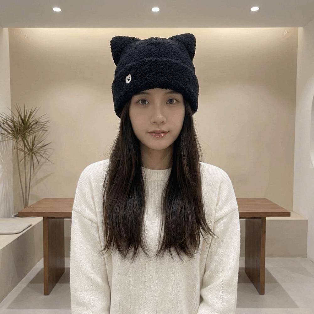 Comfortable Plush Beanie Hat Polyester Warm Knit Cap Ins Style Cat Ear Hat Women