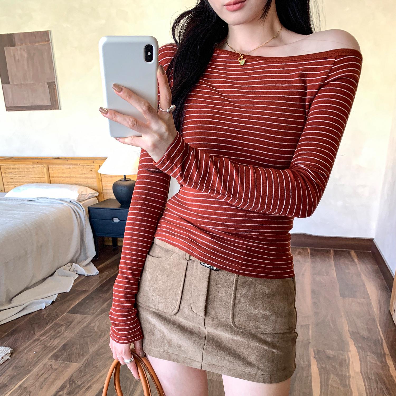 Chic Spicy Girl Striped One-Shoulder Slim Long-Sleeve Top – Women s Autumn/Winter Korean Style L оранжевый/красный