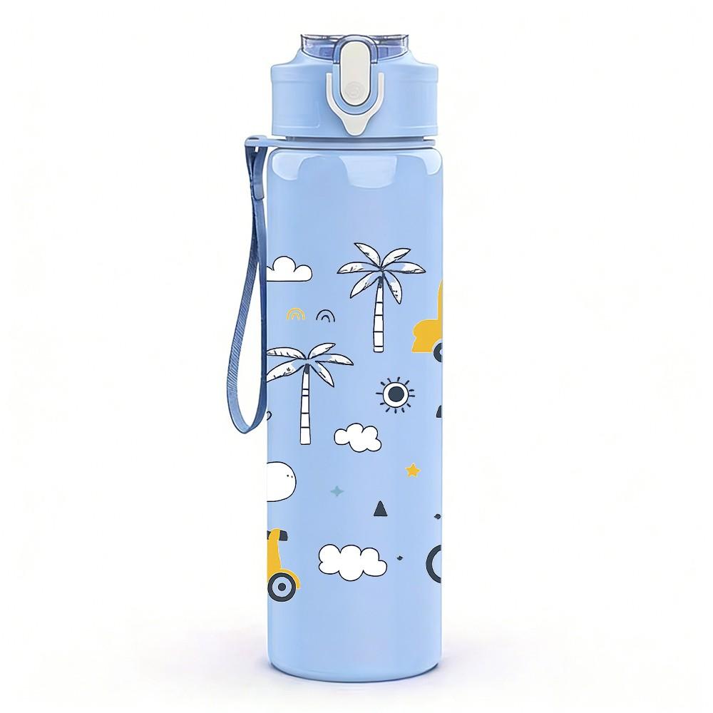 1PC Toy Car Transport Seamless Pattern 750ml Color Plastic Sports Water Bottle Leakproof Flip Straw Lid Suitable for Sports Office Home Use