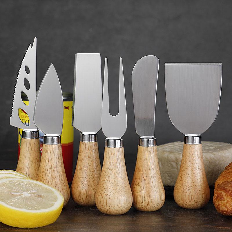 Rubber Wood Handle Stainless Steel Cheese Knife Set: Includes Fork, Spoon, Butter & Cream Knives