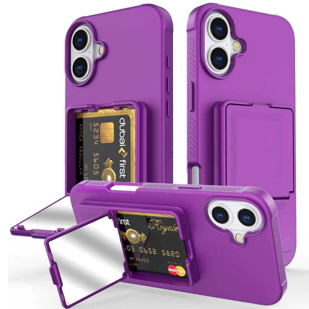 For iPhone 16 Plus Case Skin-Touch Card Holder TPU + PC Phone Cover with Mirror Kickstand
