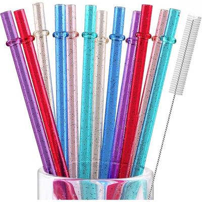 12 Pcs Reusable Plastic Straws for Tall Cups and Tumblers 6 Colors BPA-Free Unbreakable Clear Glitter Sparkle Drinking Straw with 1 Cleaning Brush
