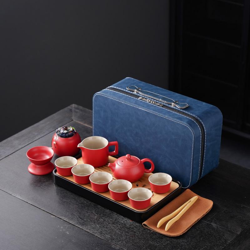 High-End Portable Ceramic Tea Set with Teapot, Teacups, and Tray for Household or Outdoor Use
