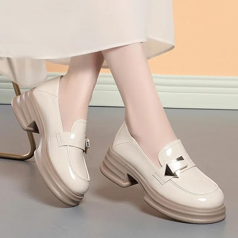 5cm British Style Shallow Soft Leather Loafers Platform Pumps Spring 2025 Med Block Heels Shoes Thick Bottom for Office Mom 35 3419₽