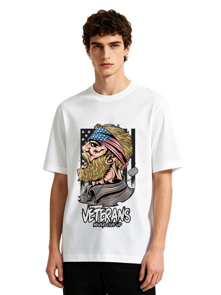 Mens Us Veterans Never Give Up Graphic Tshirt Patriotic Print Casual Short Sleeve Grey Cotton Tee