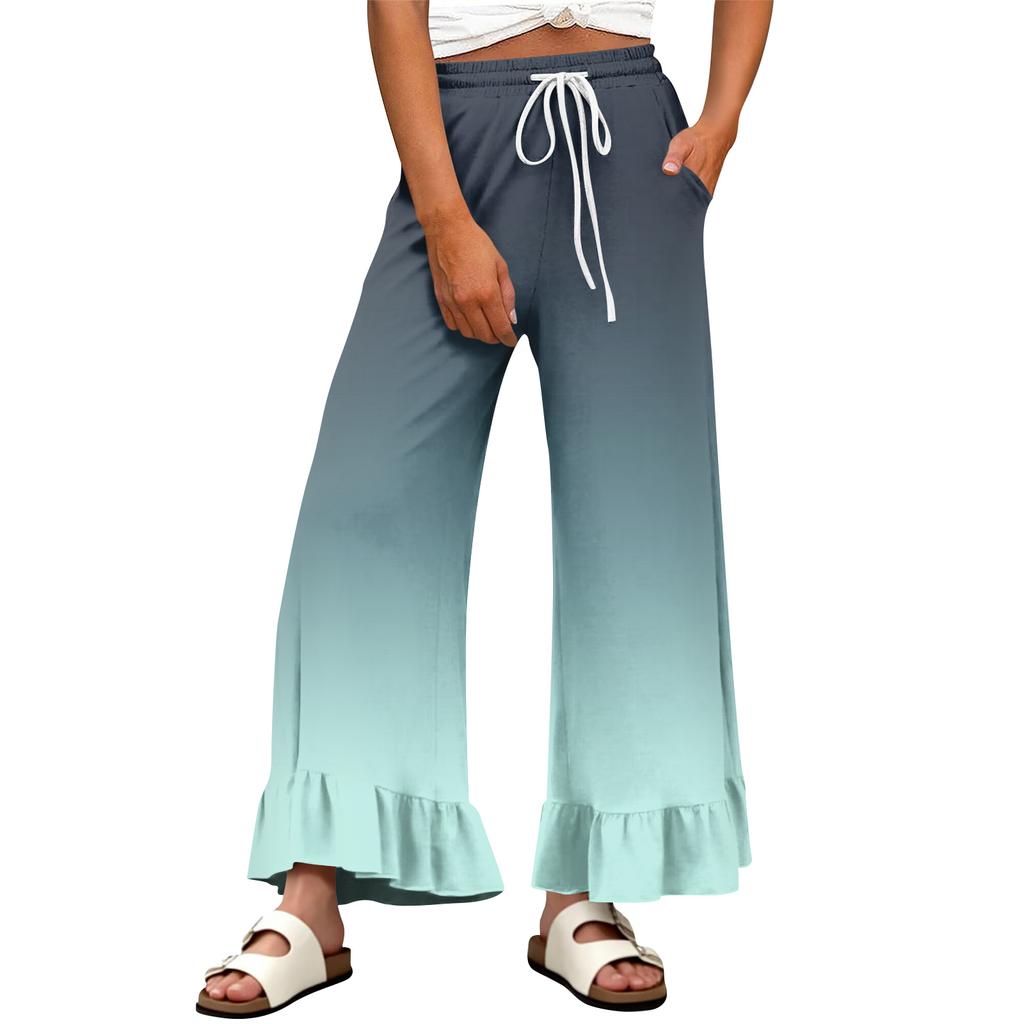 Women's Wide-Leg Casual Pants With Drawstring, Stretch, High Waist, Ruffled Hem, Wide Legs, Belted, And Pockets