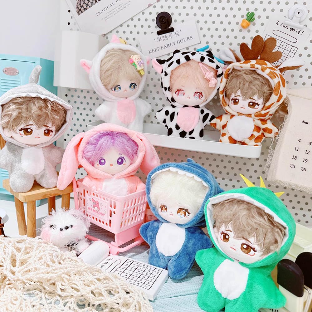 niannyyhouse Coveralls for 10cm-15cm Plush Toys, Shark, Dinosaur, Cow, Rabbit, Fawn, and Unicorn Prints, Bodysuit, Dress-Up, Cotton Doll Accessories