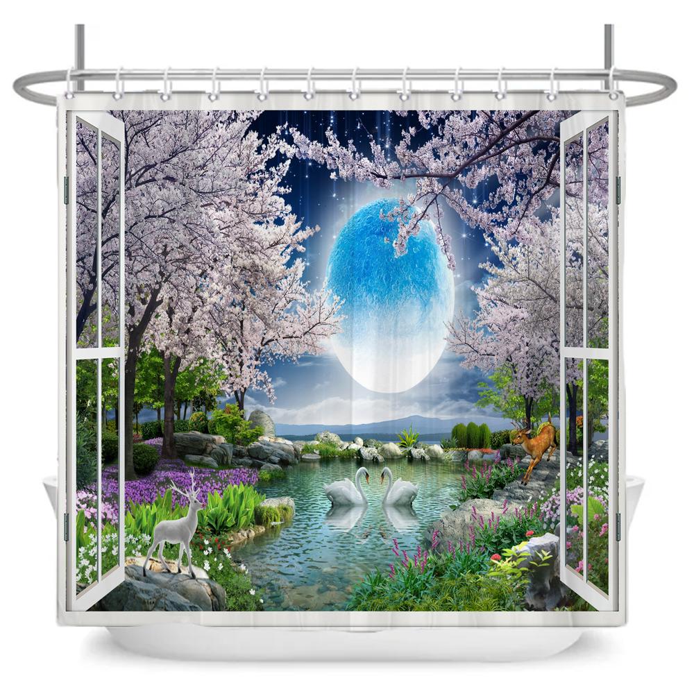 3D Forest Waterfall Landscape Bath Curtain Window Scenery Curtain Spring Nature Rainforest Shower Curtains for Bathroom Decor