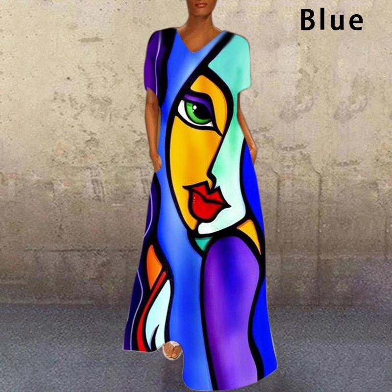 Women Summer V-neck Abstract Printed Short Sleeve Retro Long Dress Ladies Loose Casual Maxi Dresses Plus Size