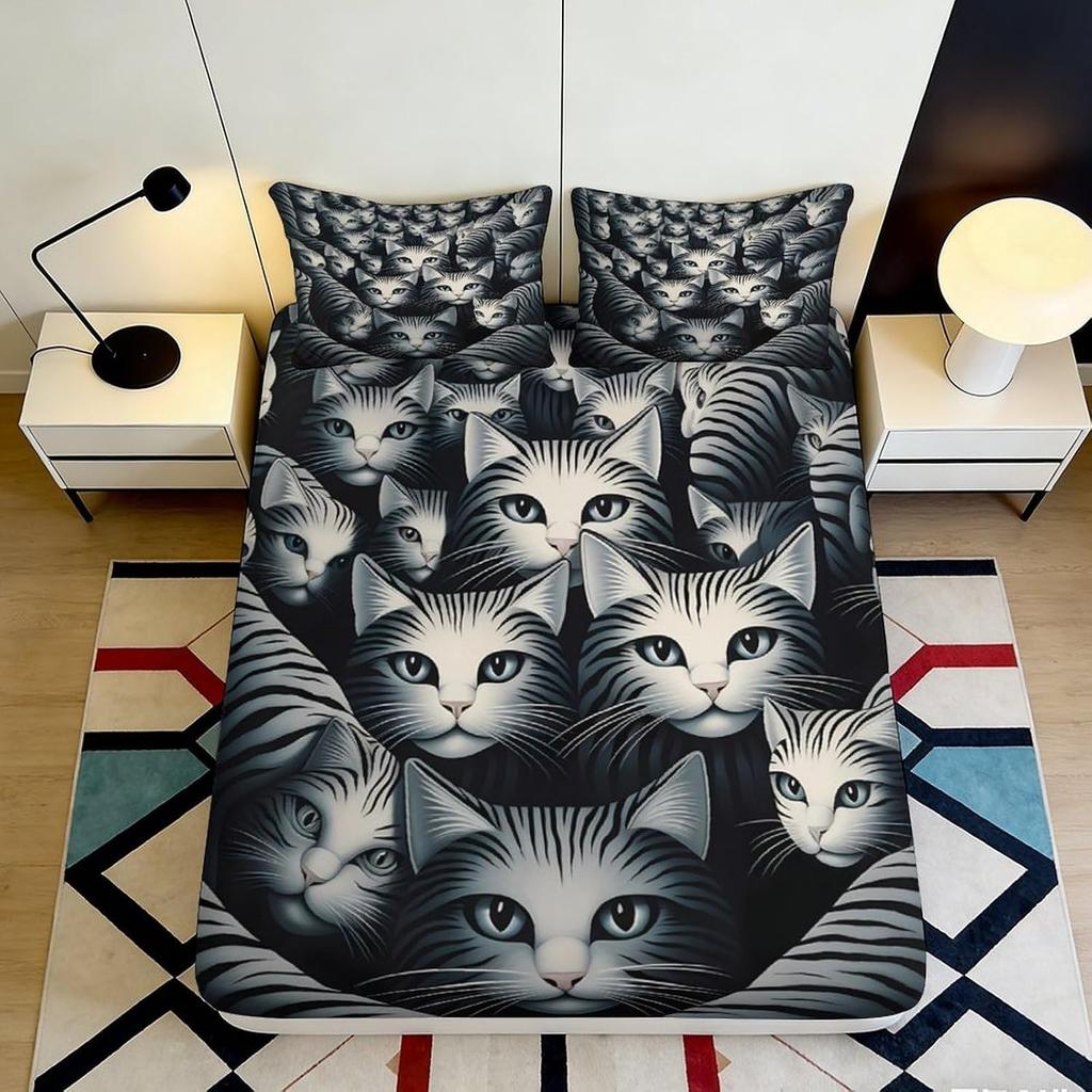 Cute Cat 3D Printed Fitted Sheet Microfiber Non-Slip Deep Pocket Bedroom Bedding Cat Mattress Fitted Cover Washable 90x200x30cm