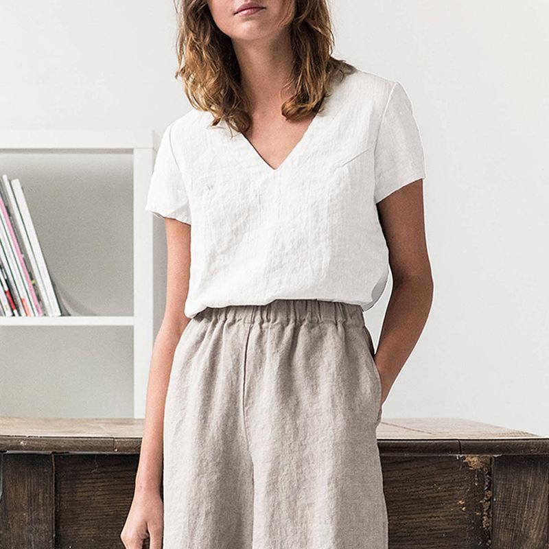 [Clearance and leak picking] s pure linen T-shirt simple solid color V-neck spring summer versatile cotton and linen T-shirt top women's clothing
