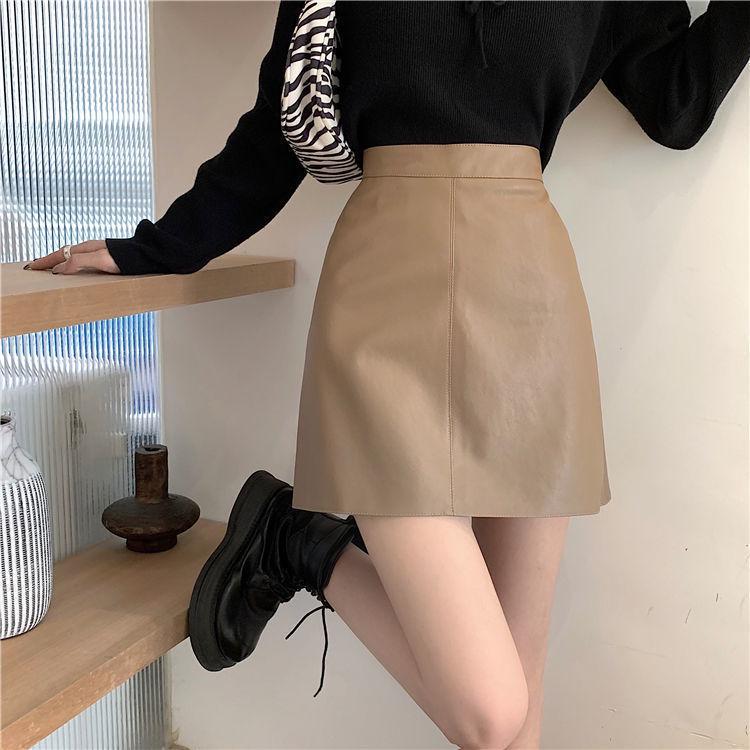 

High Waist A-Line PU Leather Skirt for Petite Women - Black, Slimming, Anti-Exposure, Spring/Autumn. XS верблюд
