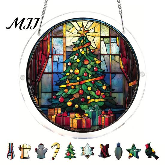 Decorative Garden Sun Catcher Christmas Acrylic Puzzle Suncatcher, Holiday Tree Snowman Stockings Red Bird Office Window Decoration Kit for
