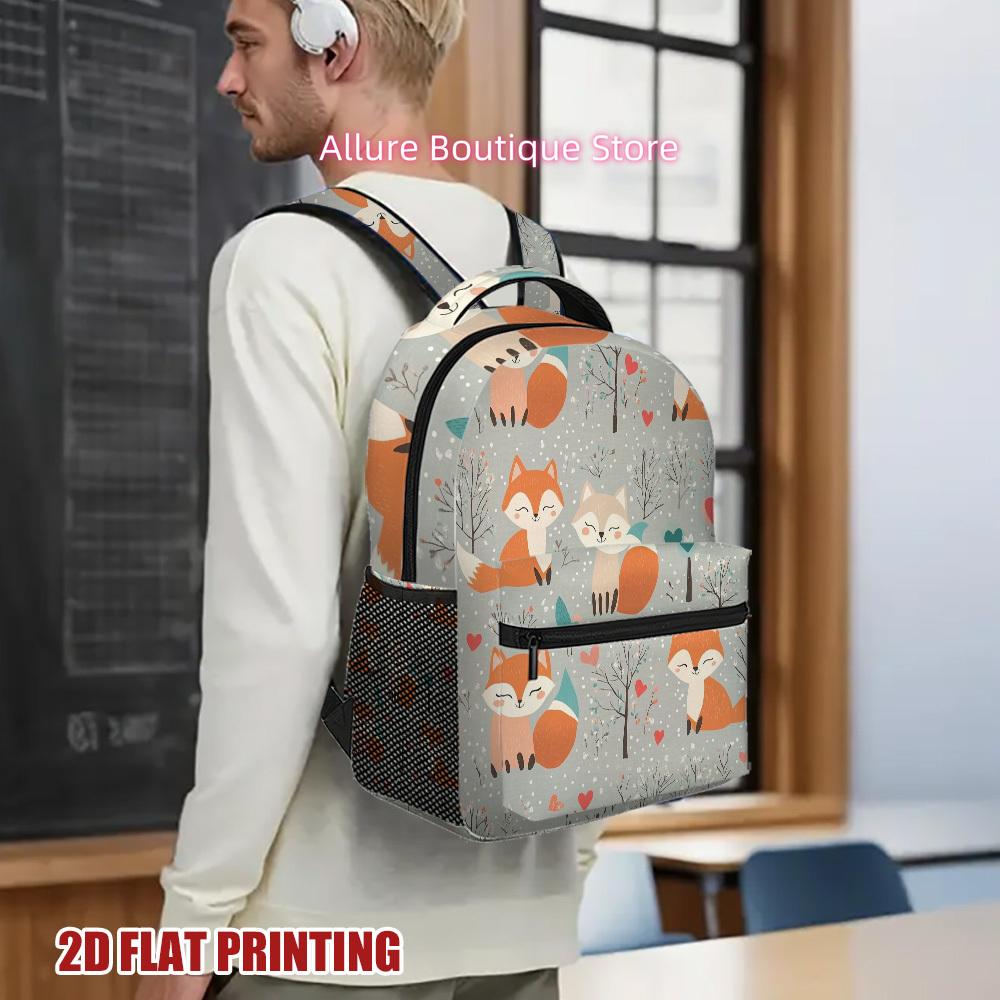1pc Winter Foxes Backpack with Oversized Storage & Comfortable Straps - Lightweight, Durable Polyester, 2D Flat Print Design, Pe
