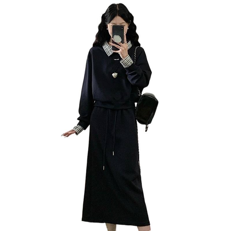 Spring 2026 Plus Size Women's Korean Casual Patchwork Hoodie & Skirt Set