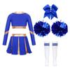 Cheerleading-Wettkampf-Set für Mädchen, langärmelig, bauchfreies Top, Faltenrock, Schleife, Stirnband, Kniestrümpfe, Pompom-Zubehör