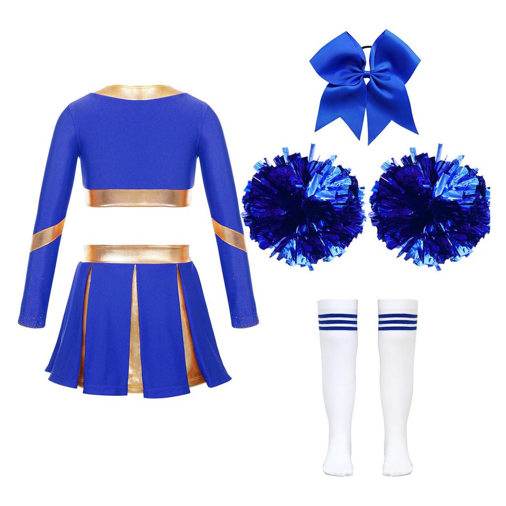 Cheerleading-Wettkampf-Set für Mädchen, langärmelig, bauchfreies Top, Faltenrock, Schleife, Stirnband, Kniestrümpfe, Pompom-Zubehör
