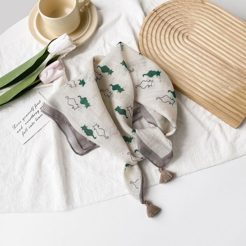 Small Fresh And Sweet Silk Scarf Square Scarf High-End Cute Style With Cotton And Linen Small Square Scarf Women'S Scarf Fringed Pendant