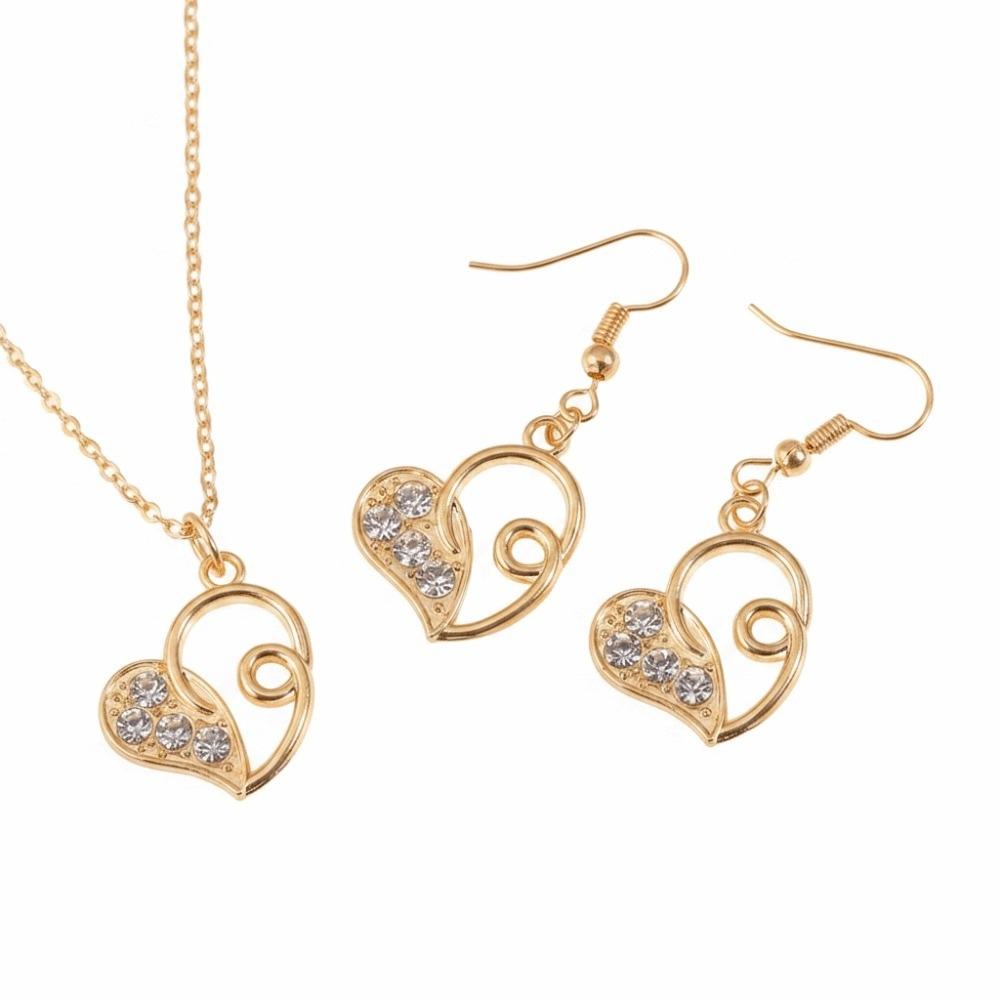 Gold Color Love Charm Earrings Exquisite Silver Color Double Heart Necklace 3Pcs Set Light Luxury Bridal Accessory Set