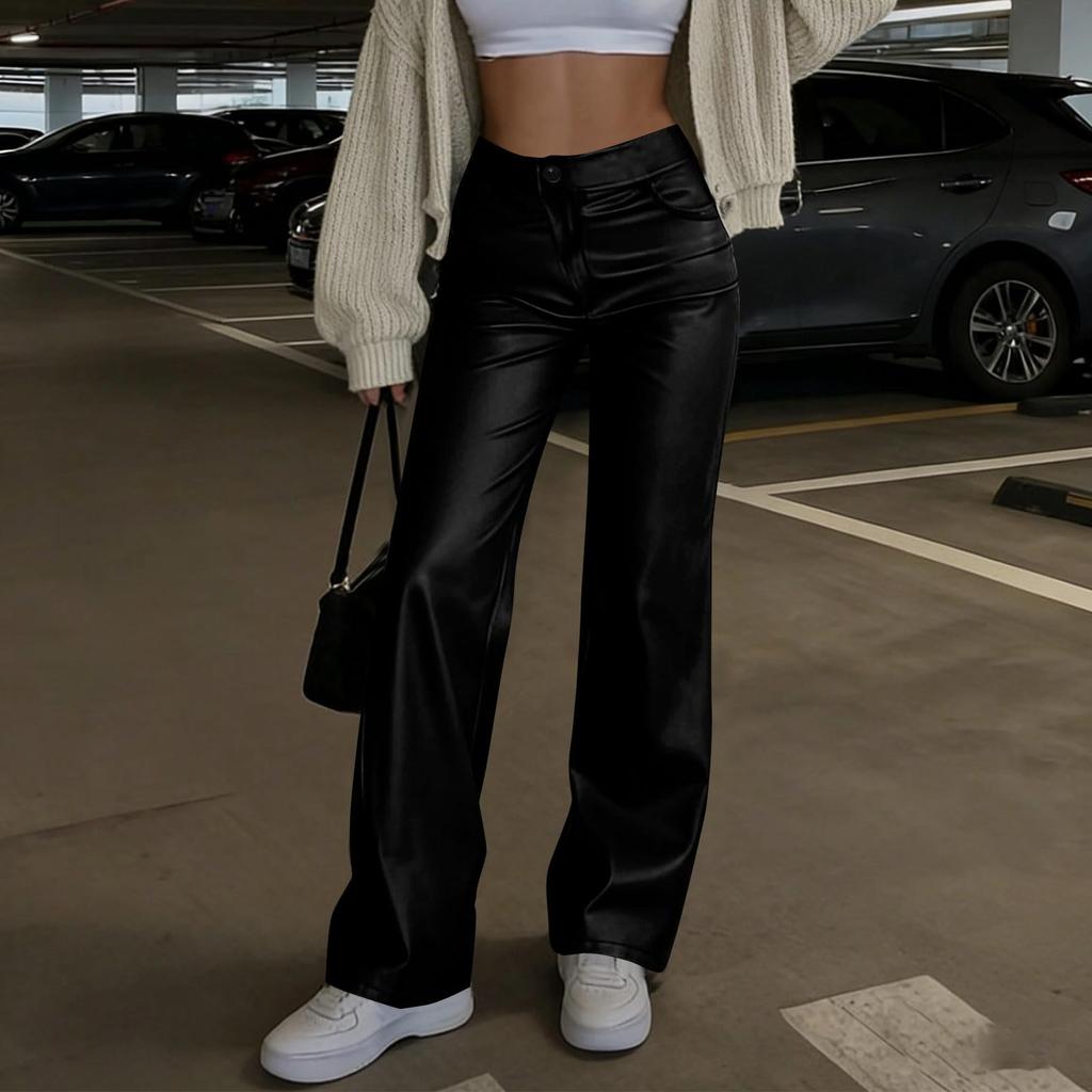 Women's Leather Pants High Waist Straight Leather Pants Pocket Elastic Pu Frosted Casual Pants