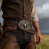 Vintage Turquoise Buckle Engraved Belts Western Longhorn Bull Embossed Cowboy Leather-Belts