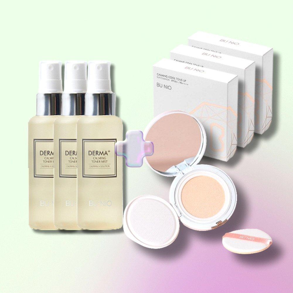 BU:NiO Calming Cool Tone Up Sun Cushion 25g Fresh Face Cushion x 3 + Soothing Toner Mist 100ml x 3