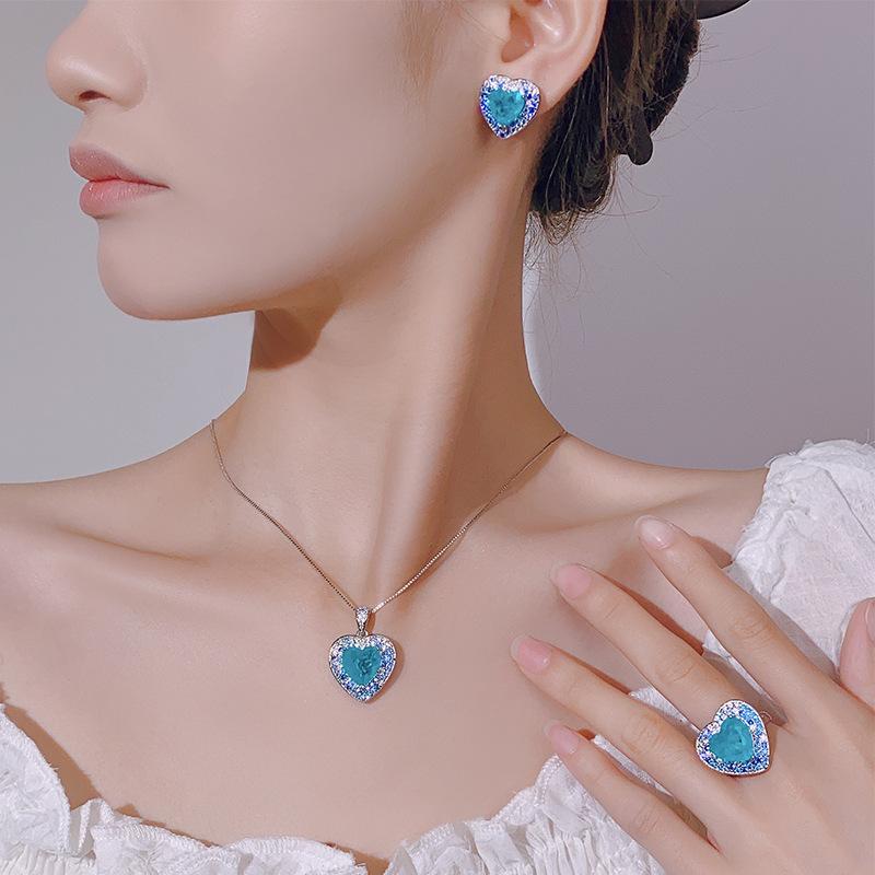 Schmuckset Ring Halskette Ohrringe Herz des Ozeans Paraiba Blu-Ray Premium Damenschmuck