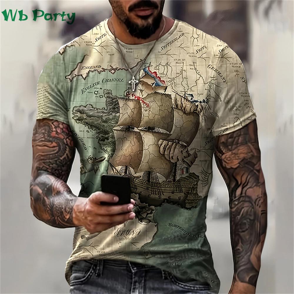 Pirate Ship Pattern Print Mens Clothing T shirt for Men Short Sleeve Tee Gym Clothing Men Male T-shirt Pirate Ship Print Clothes