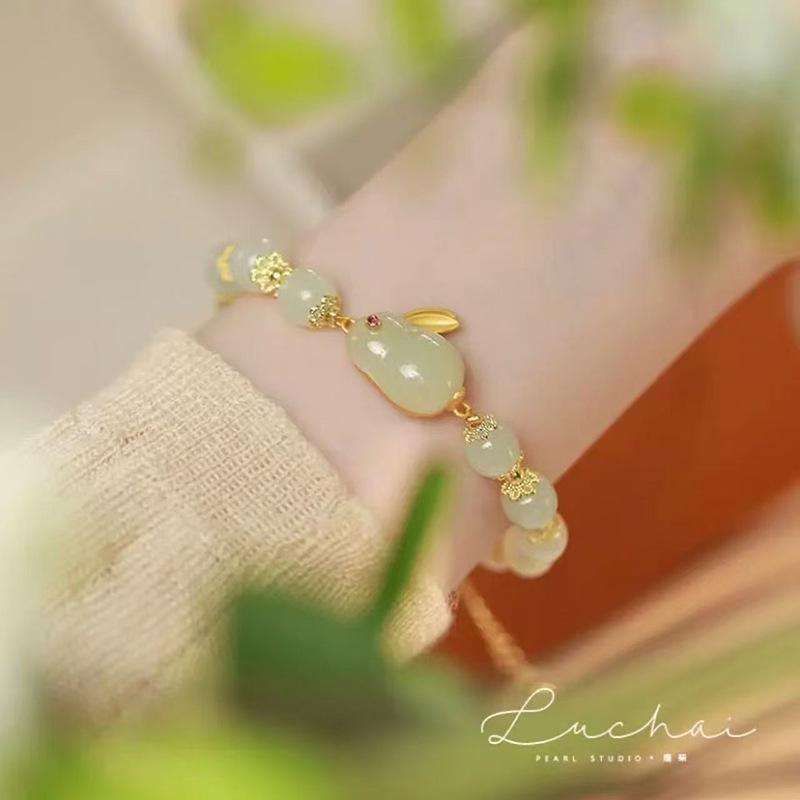 Golden Silk Jade Bamboo Bracelet: Elegant Beaded Pumpkin Design with Imitation Hetian Jade In New Chinese Retro Style