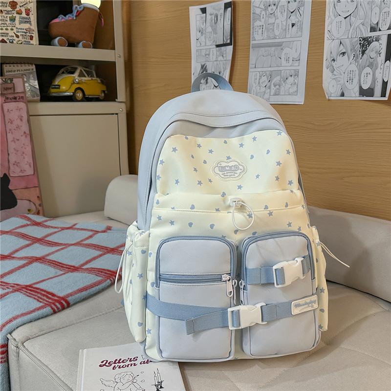 Süßer Nylon-Rucksack für Damen – Kawaii Stern & Punkt Muster Schultasche mit mehreren Taschen und verstellbaren Trägern, Perfekt für den täglichen Gebrauch