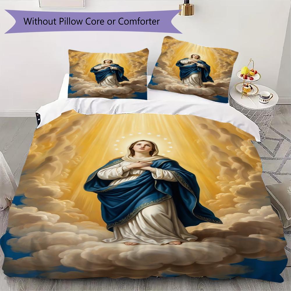 Muster der Jungfrau Maria Bettwäsche Steppset Steppdecke Kissenbezug Heimdekoration Geburtstagsgeschenk (1 Bettbezug + 2 Kissenbezüge (ohne Füllung))