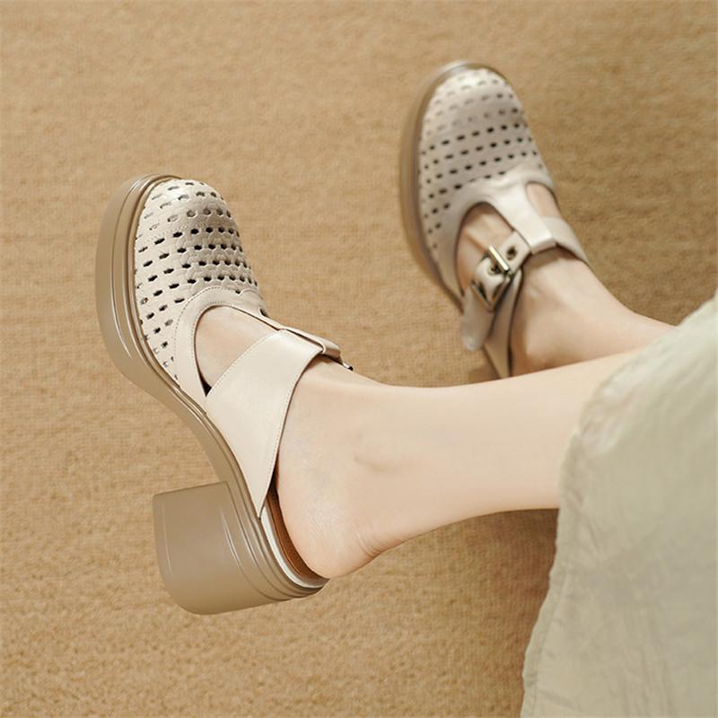 Fashion New Summer Slippers Genuine Leather Slippers for Women Fashion Hollow Out Mules Round Toe High Heels Cover Toe Slippers Sandals