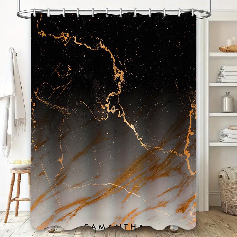 Luxury Marble Shower Curtain Set with Personalized Name 3D Printed Bathroom Decor for Home Decor in Grey Gold Color Size: Custom