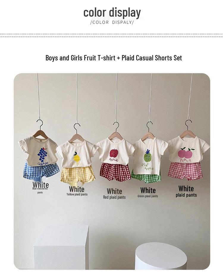 Korean 2026 Kids' Summer Fruit Tee & Plaid Shorts Set