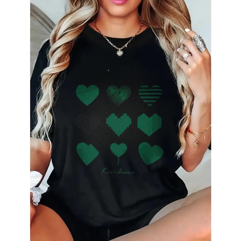 Oversized T Shirt Black Green Hearts Pattern And Katsukina Text Casual Wear For Women