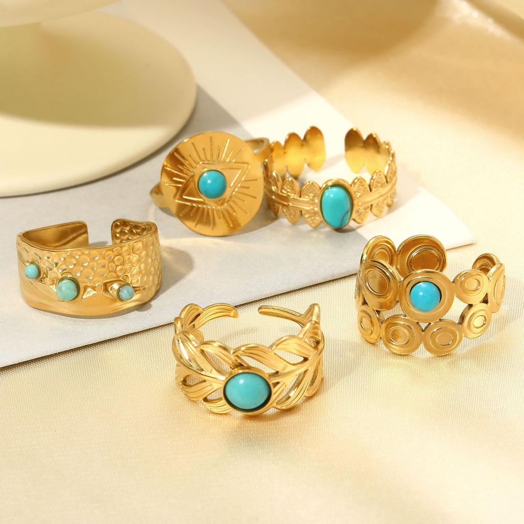 Edelstahlring, Vakuum-beschichtet 18 Karat Gold Türkisfarbener Blatt-Öffnungs-Einzelarmband.