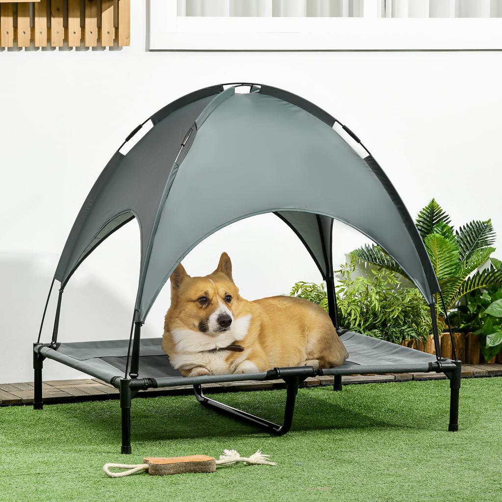 Elevated Dog Bed with Canopy, Pet Bed, Dog Lounger Outdoor with Roof, Breathable, Taffeta Fabric for Camping Gray 92 X 76 X 90 Cm