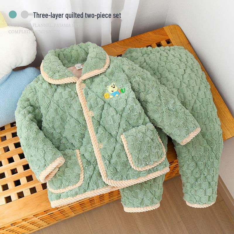 Kids' Winter 3-Layer Quilted Pajamas Coral Fleece Set - Boys, Girls, Babies & Parent-Child Outerwear