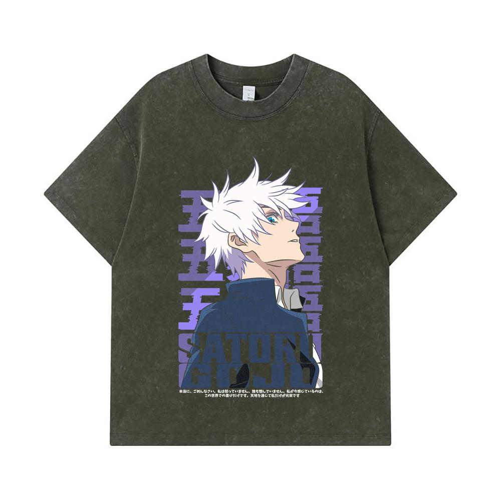 

275 GSM Washed T-shirts 100% Cotton Jujutsu Kaisen V28 Gojo Print Unisex Heavy Cotton T Shirt S армия зеленый