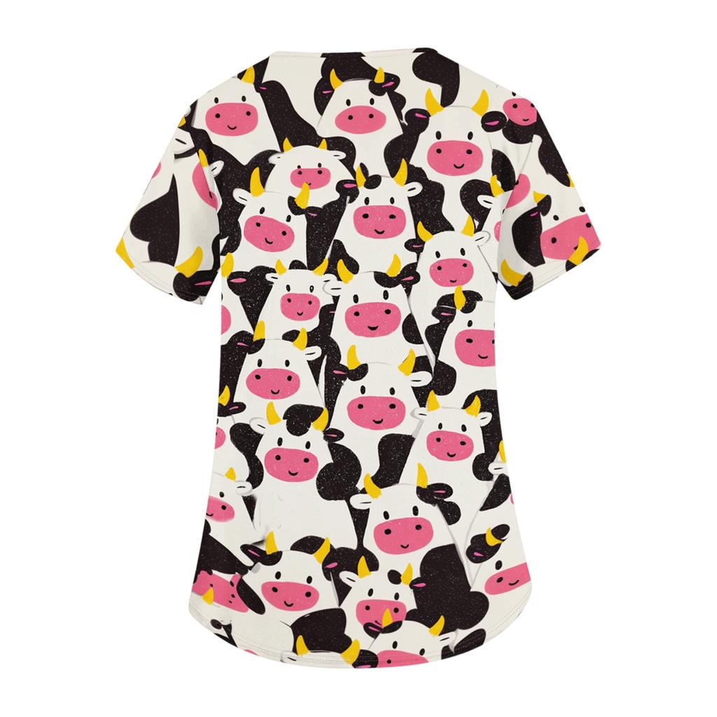 Women's V-Neck Short Sleeve with Pocket - Print Top for Caregivers