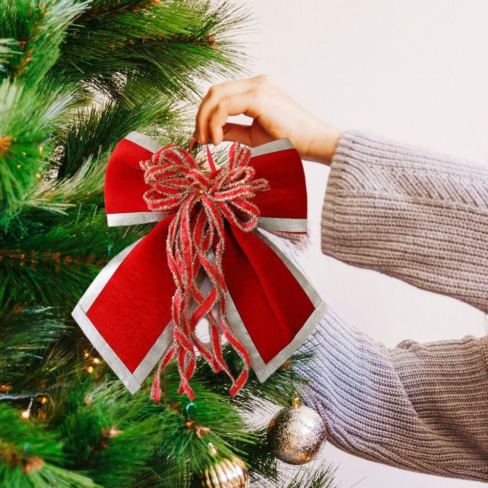 Sparkling Christmas Bow Pendant with Ribbon Flocked Wreath Decorative Bow DIY Christmas Tree Bowknot Navidad