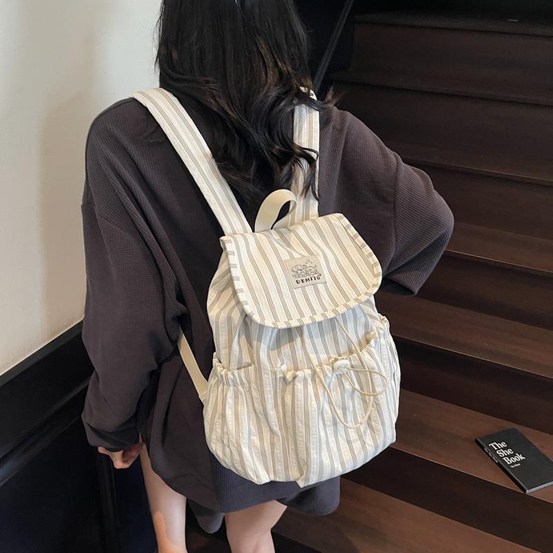 Small Fresh Striped Backpack for Women, Casual Drawstring, Compact Backpack for Travel, Shopping, Students, Mini Backpack for Girls