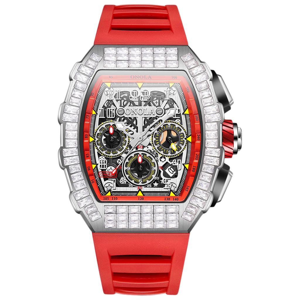 Men's Fashion Full Diamond Automatic Luminous Mechanical Watch Multi Functional Three Eye Calendar Dial Sports Watch