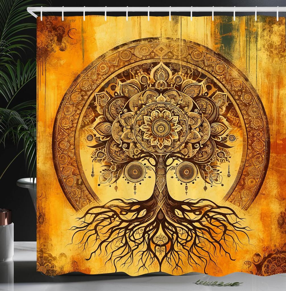 Oriental Atmosphere Warm Tone Mandala Gorgeous Life Tree Shower Curtain, Fabric Bathroom Decorative Shower Curtain With Hook
