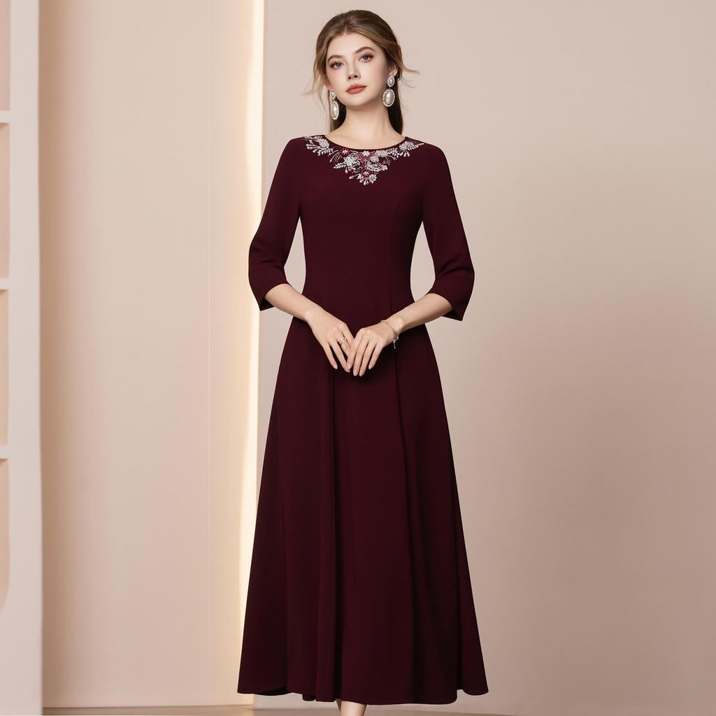 Zhilian Angola Red Handmade Rhinestone Seven-Sleeve High-Waist A-Line Long Dress (Spring 2026)