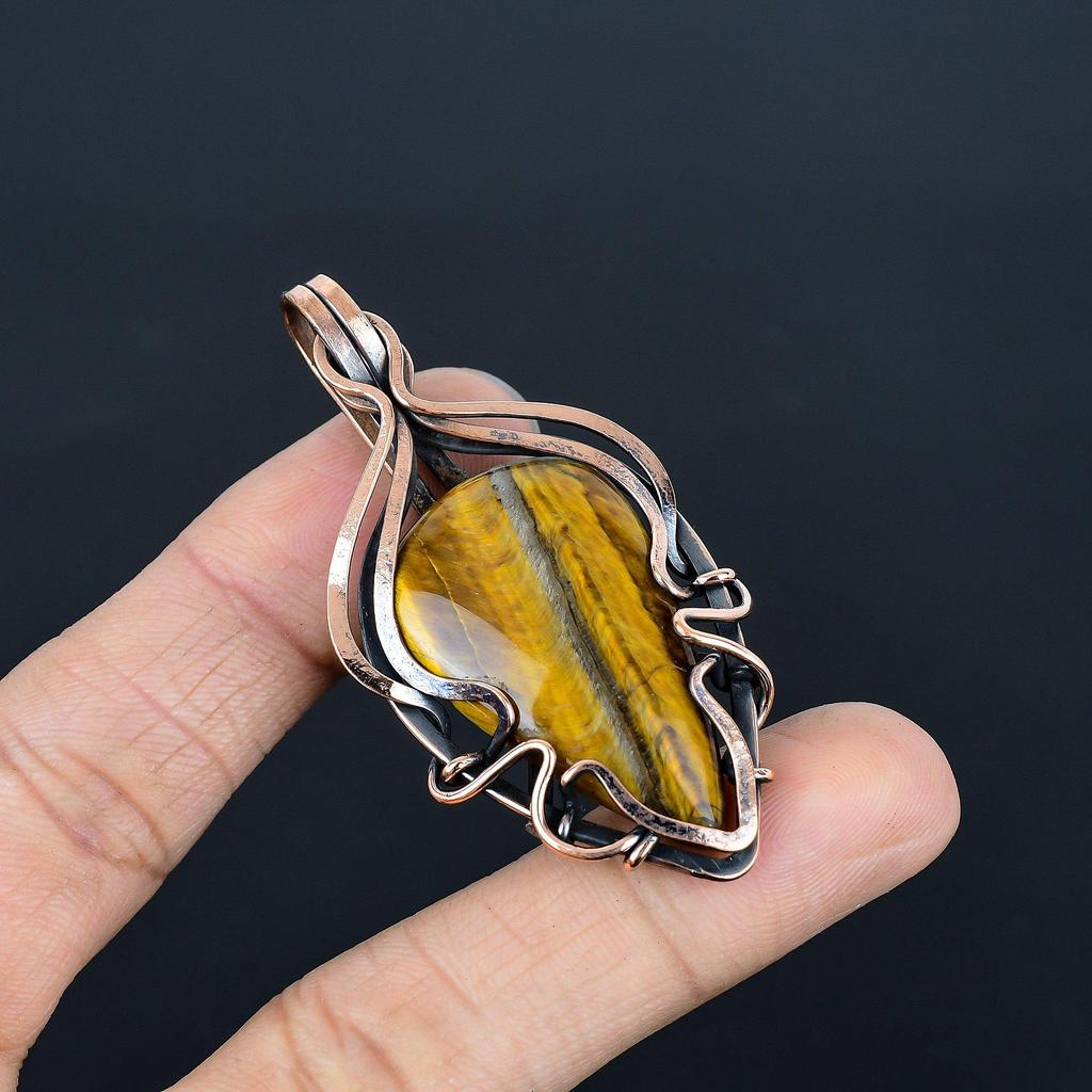 Tiger's Eye 999 Copper Wire Wrapped Pendant, Handmade Gemstone Pendant , Gift For Mom Antique Jewelry