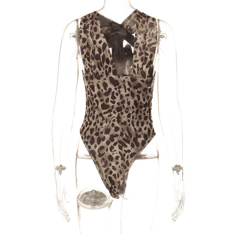 Leopard Print Asymmetrical Slim Fit Pleated Mesh Jumpsuits Women Sexy Rompers Street Fashion Sleeveless Women Bodysuits Casual Elegant Jumpsuit 26143