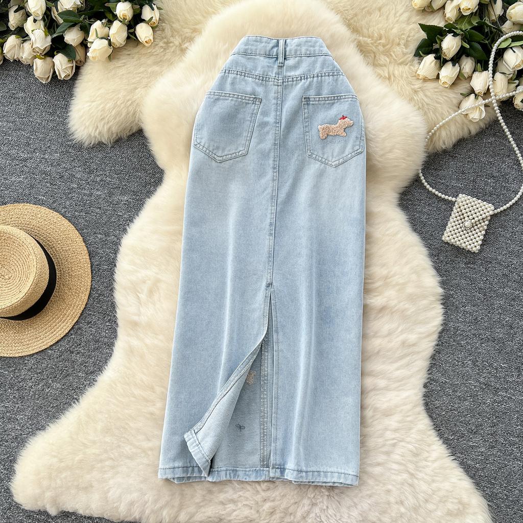 Léto Podzim Dámská Ležérní Výšivka Pes Vysoký Pas Dlouhá Midi Tužková Džínová Sukně