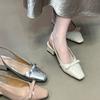 Neue französische Sandalen mit eckiger Spitze, Schleife, dickem Absatz, Taschenkopf, Damen Sommer 2025, leicht ausgeschnitten, niedriger Absatz, hinten offen, einzelne Schuhe