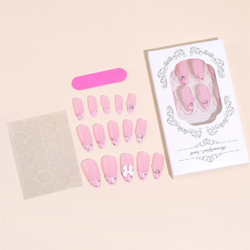 

Миндалевидные накладные ногти в стиле омбре, французский стиль, с жемчужным бантом - съемные, наклейки для искусственных ногтей.